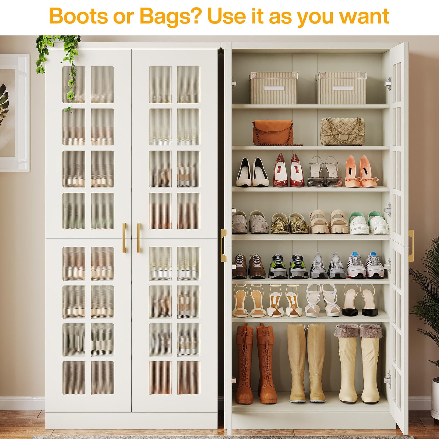 Tribesigns 71-Inch Tall Shoe Cabinet with Doors, 8-Tier Shoe Storage with Adjustable Shelves, Modern Shoe Organizer Shoe Rack Cabinet for Entryway, Hallway, Closet, Living Room, White and Gold