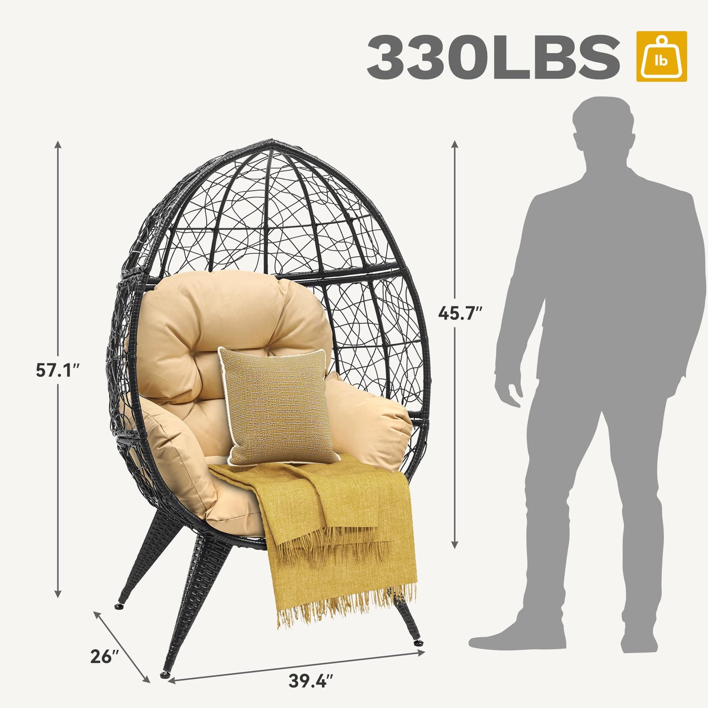 DWVO Egg Chair Patio Rattan Chair with Stand Anti-Slip All-Weather Poratble Adjustable Chair Feet Wicker Egg Lounger Chair for Indoor Outdoor 330LBS (Beige)