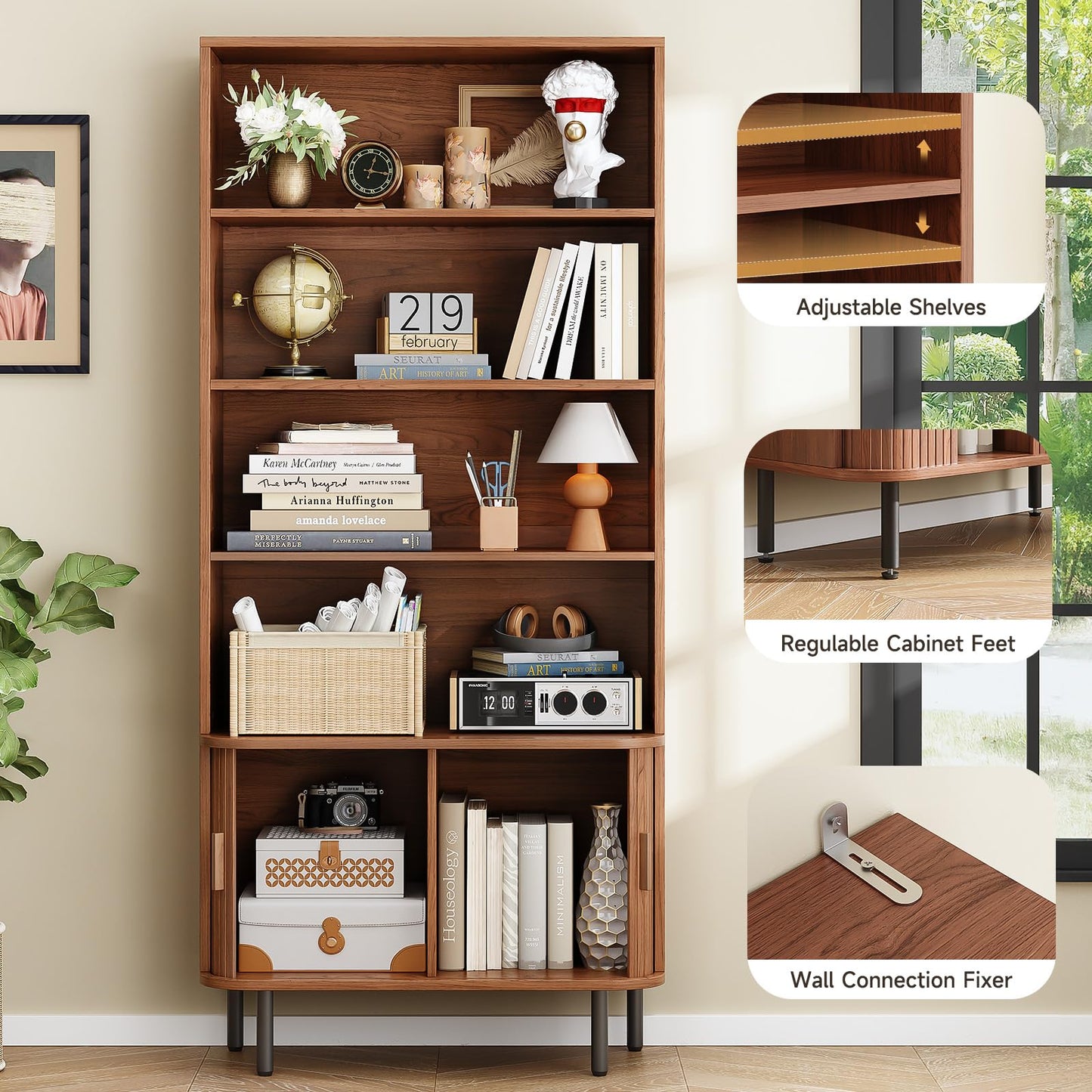 ONBRILL 71" Tall Bookshelf, 4-Tier Bookcase with Storage Cabinet & Adjustable Storage Shelves, Floor Standing Wooden Bookshelf with Sliding Door and Adjustable Footpad, for Home Office, Living Room