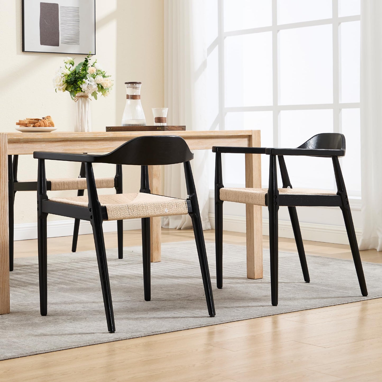 Mid Century Dining Chairs Set of 2, Black Wood Modern Kitchen Chairs with Arms, Woven Rope Dining Table Chairs with Hemp Seat