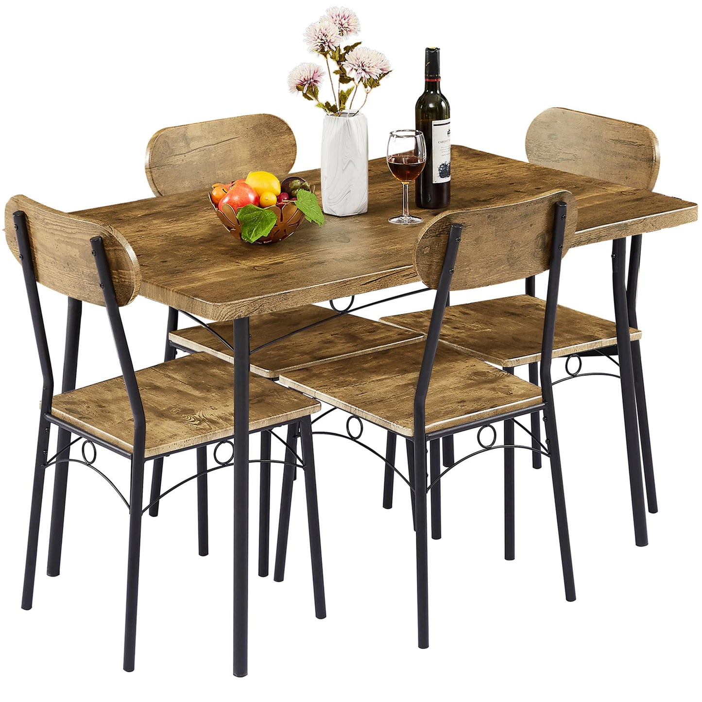 VECELO Kitchen Table Chairs Set for 4, 5 Piece Wood Dining Room Table with 4 Chairs, Perfect for Small Spaces, Compact Kitchen, Breakfast Nook, Brown