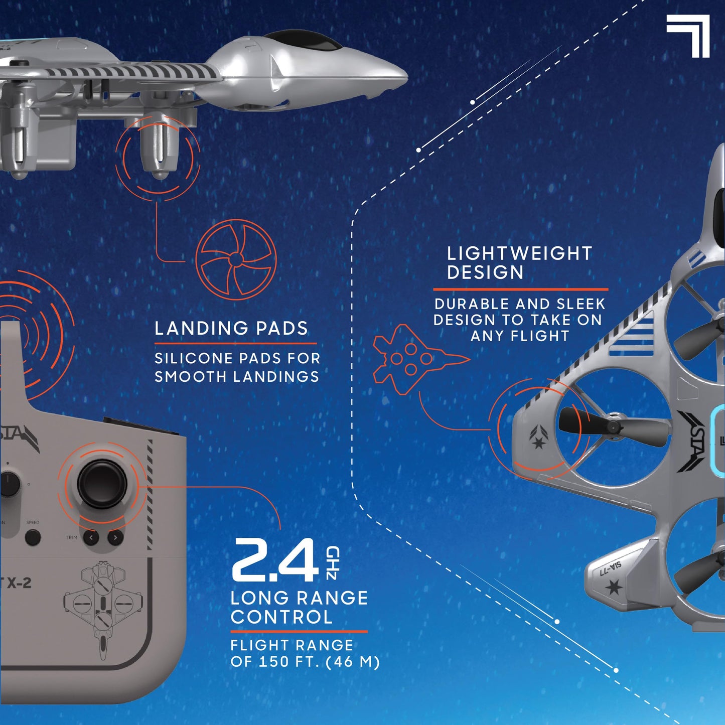 Sharper Image® X-Treme Jet X-2 High-Performance Remote Control Drone, 2.4 GHz Long Range Wireless Control, Advance Auto-Pilot with 360 Barrel Roll, 7-piece, Grey, Age 8+