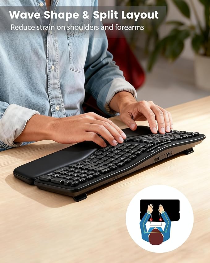 XUANGUI Silent Wireless Keyboard and Mouse Combo Ergonomic with Magnetic Wrist Rest, Cordless Full Size Split Key Board and 4800 DPI Quiet Mice for PC Laptop Tablet, Office and Home Ergo Soft Set