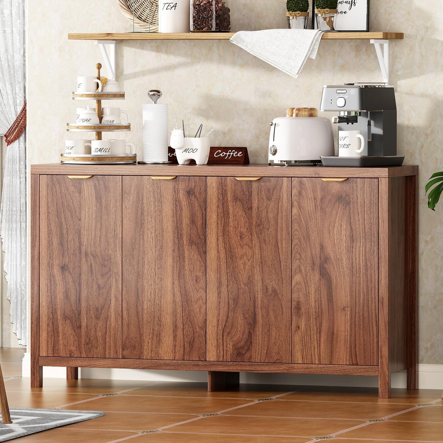 Arulvmrn Buffet Cabinet, 55" Large Sideboard Buffet Storage Cabinet with Shelves and Doors, Modern Coffee Bar Station Wood Kitchen Table for Kitchen, Dining Room,Walnut