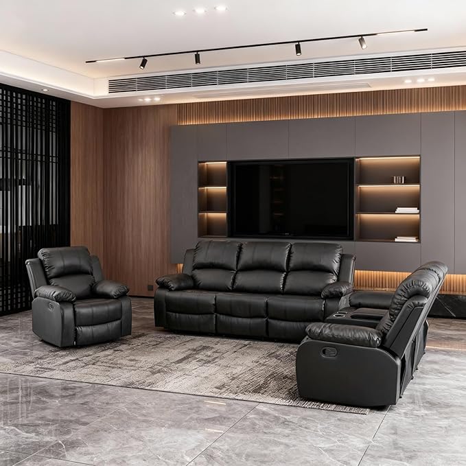 Saxum Tegmen Living Room Furniture Sets, 3 Pieces Sectional Leather Couch Set, Adjustable Recliner Sofa Sets for Living Room/Office (Chair, Loveseat & Sofa, Black)