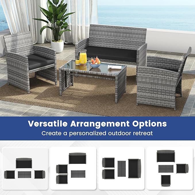 Tangkula 8 Piece Patio Wicker Furniture Set, Outdoor Heavy Duty Rattan Cushioned Chairs, Loveseat and Tempered Glass Coffee Table, for Backyard, Balcony, Poolside