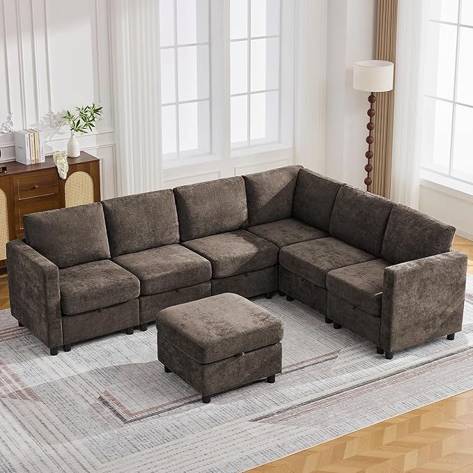 104'' V Shaped Modular Sofa, Sectional Couch with Storage for Living Room, Modern 7 Seater Cloud Sectional Couch with Movable Ottoman, Chenille Brown