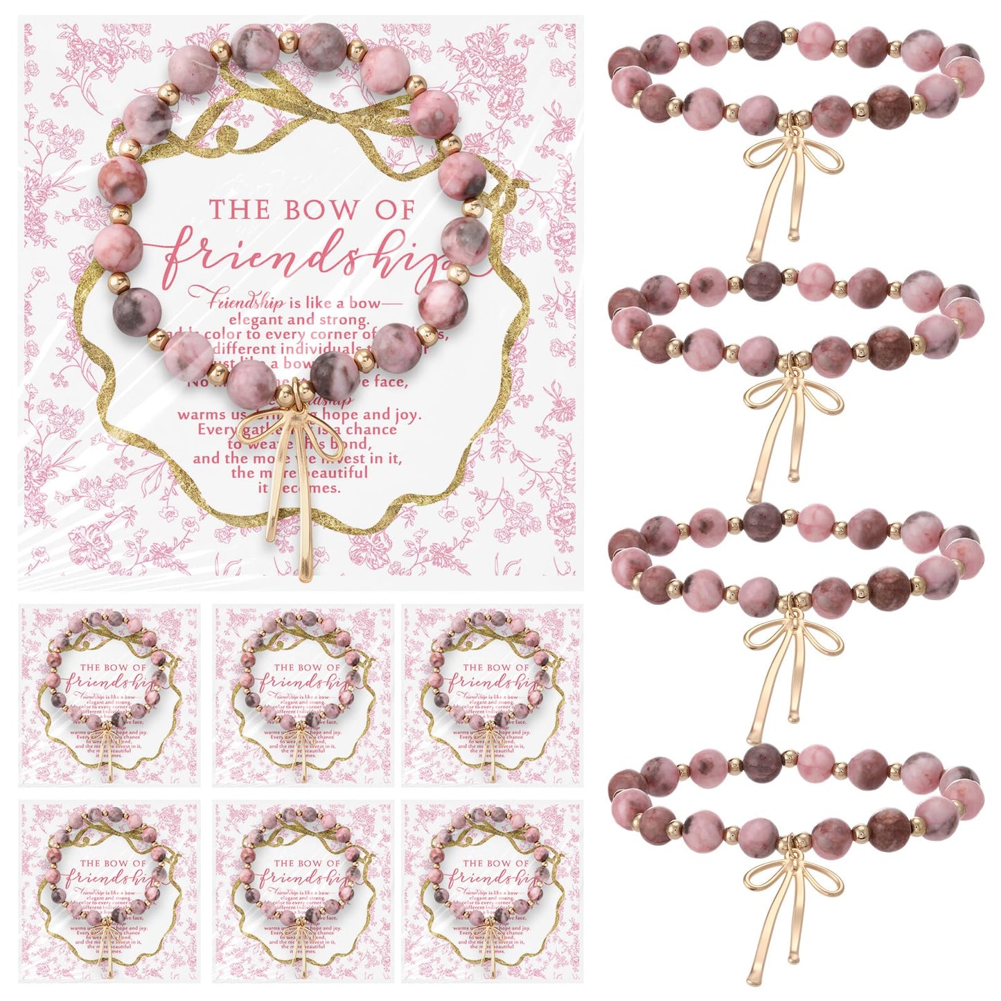 Huquary 12 Set Thanksgiving Friendship Gifts Good Friend Bow Pink Bracelets with Gift Cards Christmas Birthday Jewelry for Women Good Friend Coworker