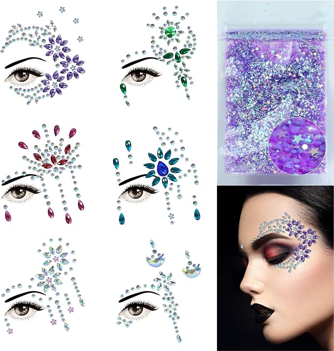 Face Jewels 6 Sheets Face Gems Stick On, 10g Chunky Glitter, Face Jewelry Rhinestones Crystals Stickers, Fairy Euphoria Ey...