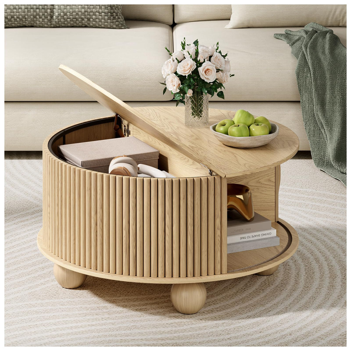 JOINICE,Round Coffee Table with Storage,Fluted Lift Up Coffee Table with Sliding Door,31.5" Drum Center Table with Bun Feet for Living Room,Home Small Space,Oak