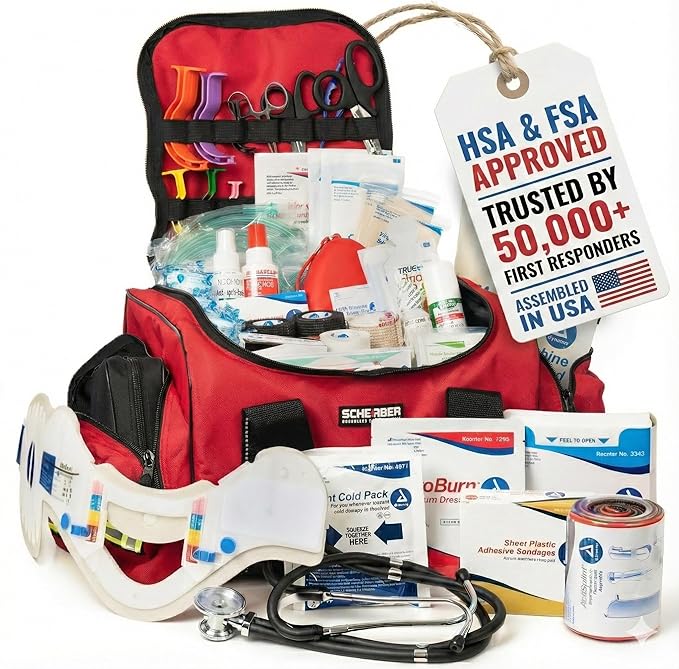 Scherber First Responder Fully-Stocked Large Professional Essentials EMT/EMS Trauma Kit | HSA/FSA Approved | Reflective Ba...