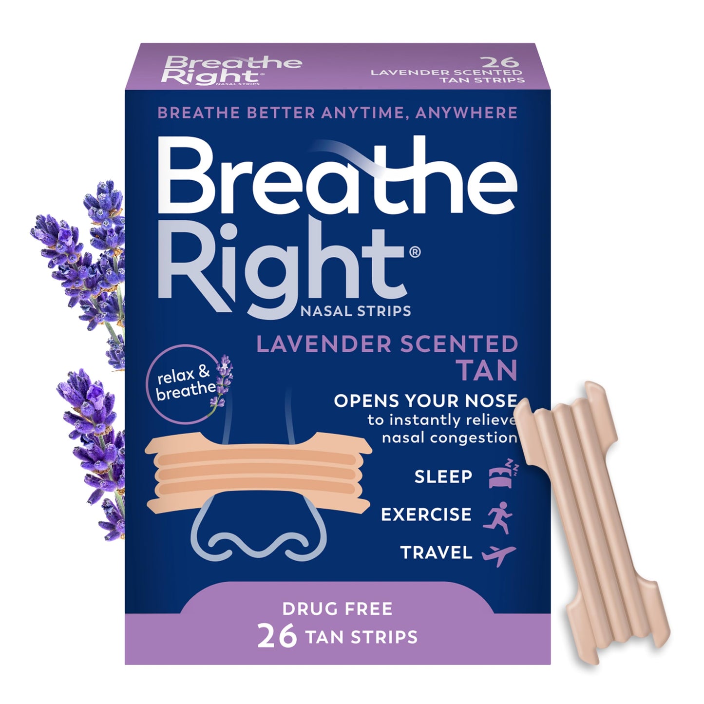 Breathe Right Nasal Strips Lavender Scent Extra Strength Tan Nasal Strips Help Stop Snoring Drug-Free Snoring Solution & Nasal Congestion Relief Caused By Colds & Allergies 26ct (packaging may vary)