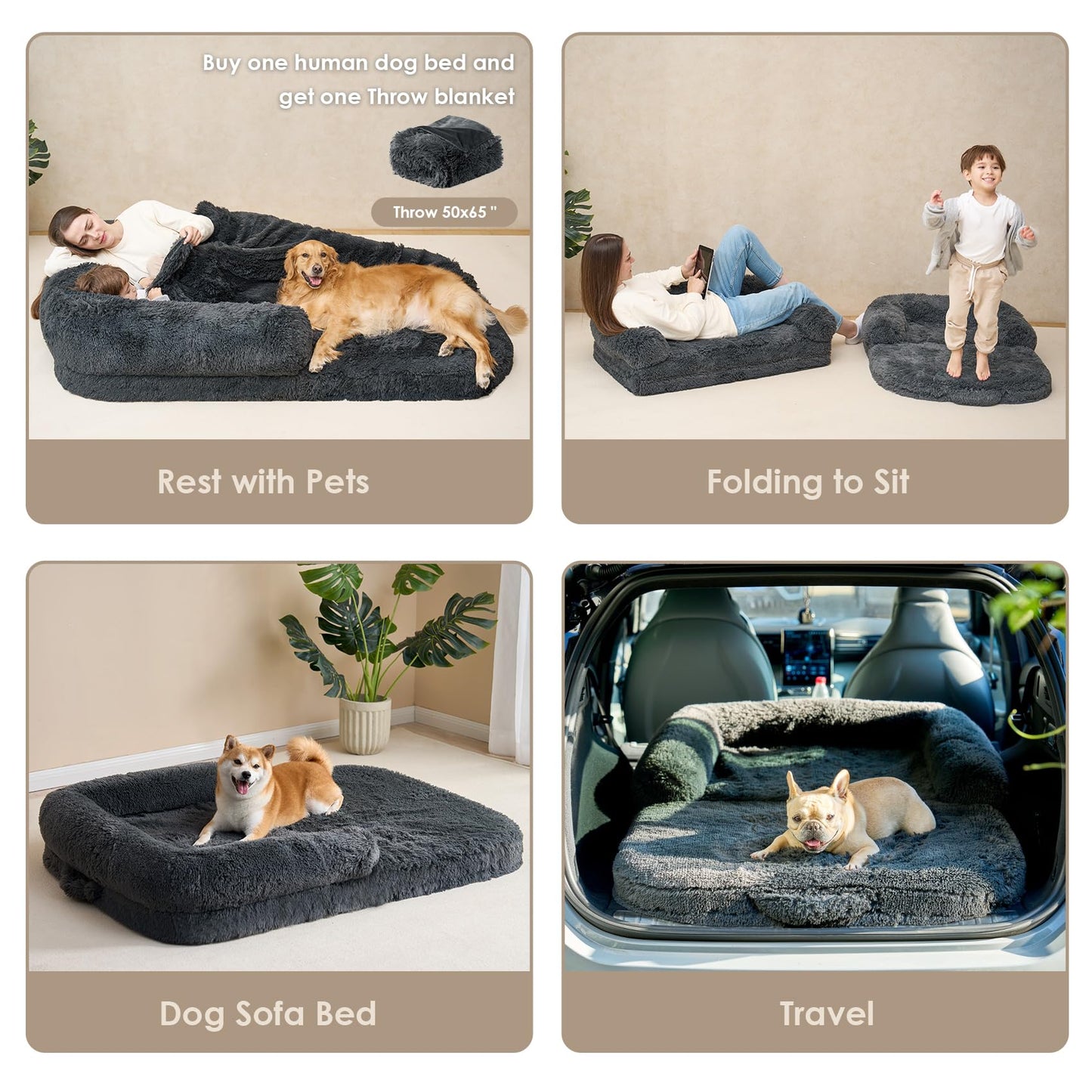 EHEYCIGA Foldable Human Dog Bed, Orthopedic Memory Foam Human Sized Dog Bed, Waterproof Pet Bed for People, Faux Fur Pet Couch for Adult, Dark Grey, 72"x44"x11"