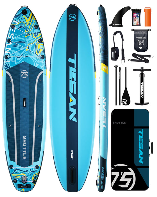 TESAN 11'6x35'' Extra Wide Inflatable Paddle Board,All-Round Ultra Stable Stand Up Paddleboards for 450lb/3 People/Family,Dual Bungees, Camera Mount, 5L Dry Bag,3 Handles,100L Backpack,3PCS Paddle