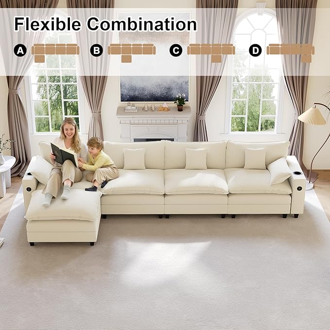 KCGKCG 152" Modular Sectional Sofa, L Shaped Cloud Couch with Movable Ottoman, Chenille Deep Seat Cloud Sofa with Charging Station, Cup Holder, Side Pocket, Sectional Couches for Living Room, Beige