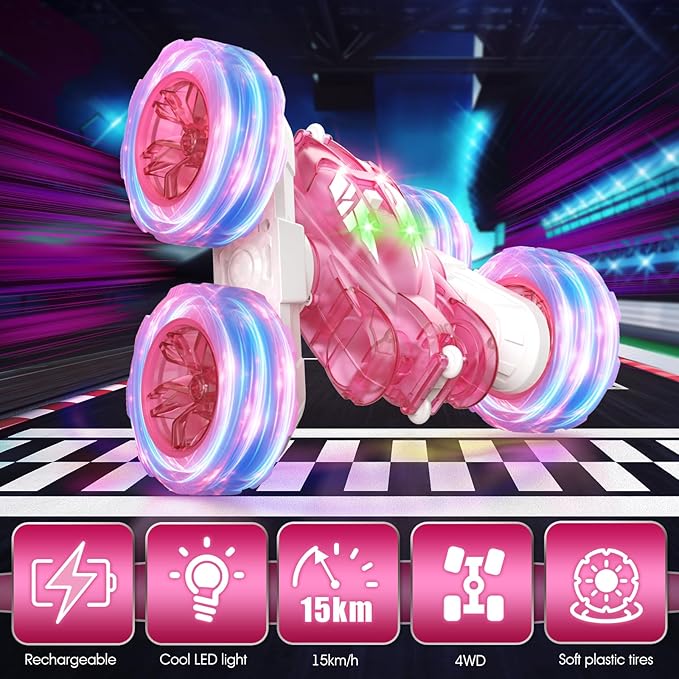 Pink Remote Control Car for Girls Rechargeable Fast Direct Charging RC Cars For Kids with Colorful Light,Double-Sided 360° Rotating Stunt Car 4WD RC Truck Toys for Ages 5-7 Gift for Girls Aged 6-12