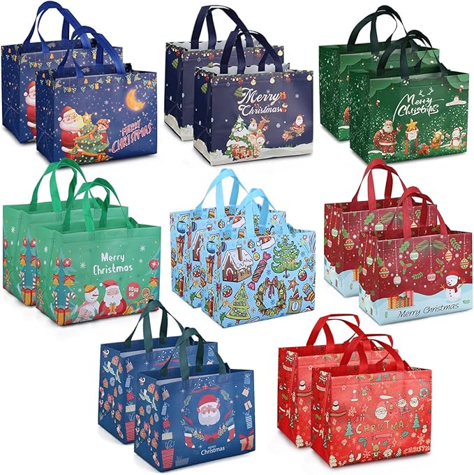 16PCS Christmas Gift Bags, Non-Woven Treat Tote Christmas Bags with Handles for Gifts Wrapping Shopping, Xmas Party Supplies, 12.8"×9.8"×6.7"