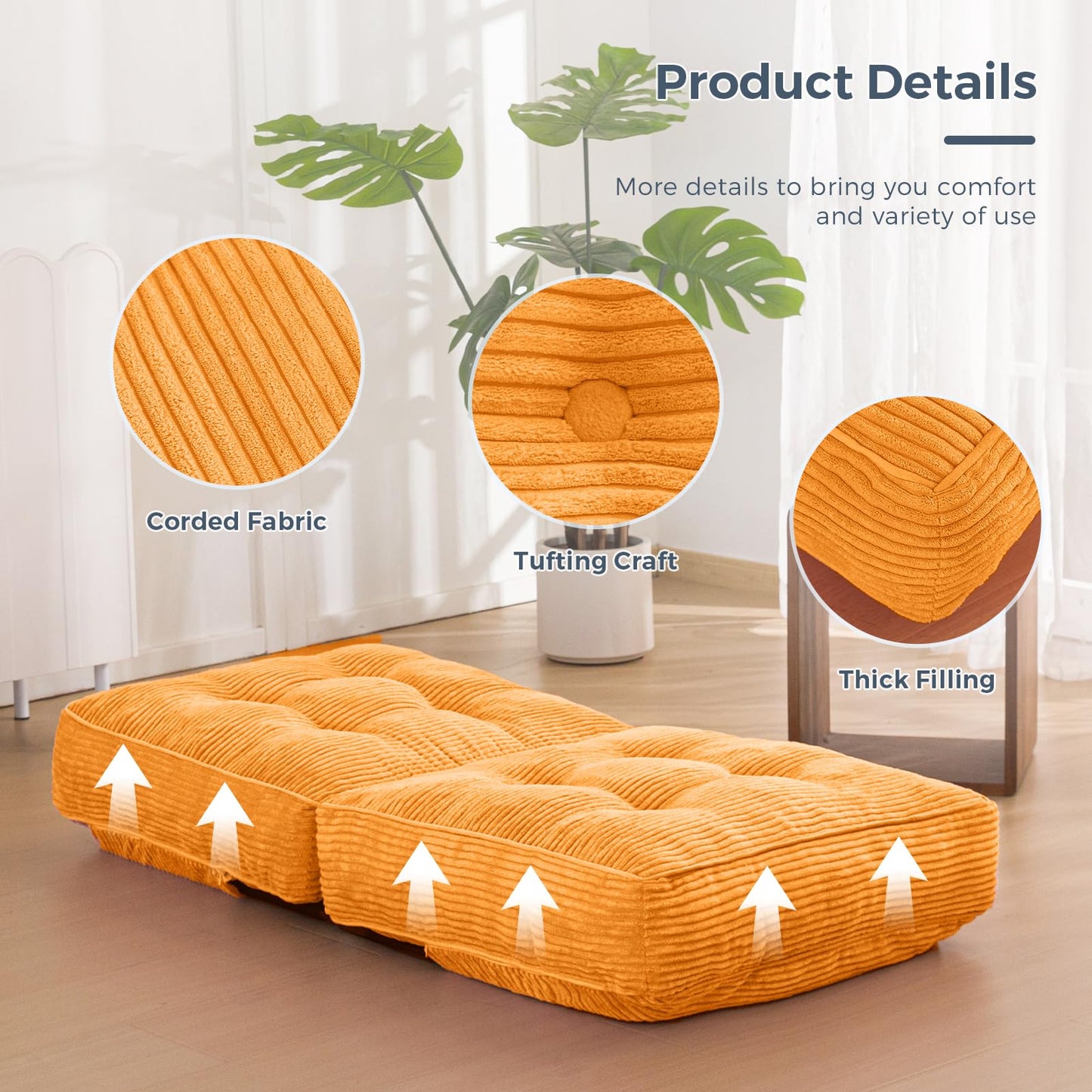 MAXYOYO Adjustable Floor Chair with Back Support, Gaming Floor Meditation Chair with Tufted Cushion, Adults Lounge Couch Folding Sofa Seat for Reading Meditating Sleeping, Orange