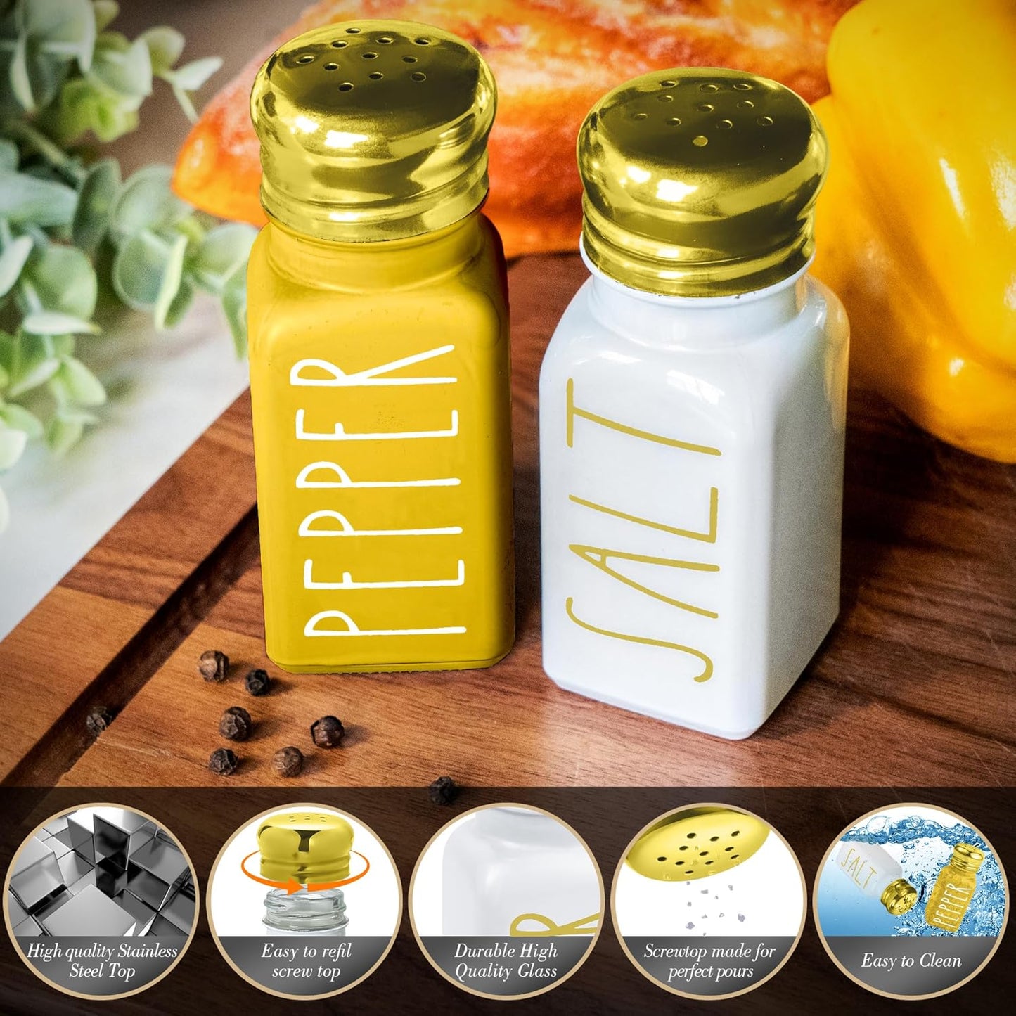 Farmhouse Gold Salt and Pepper Shakers Set by Brighter Barns - Glass Shakers & Stainless Steel Lid - Modern Farmhouse Decor for Restaurant, Airbnb, Wedding, Gifts - Luxury Kitchen Accessories (Gold)
