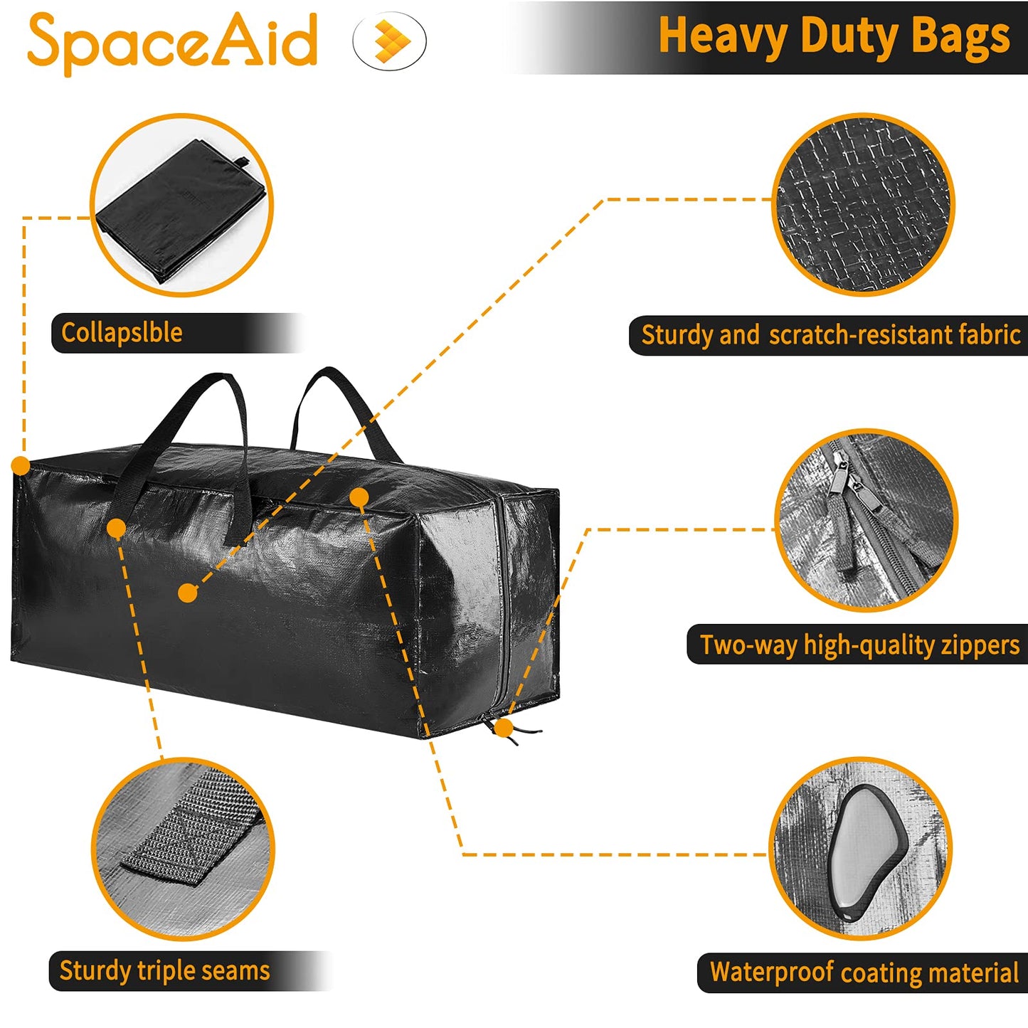 SpaceAid Heavy Duty Moving Bags 8 Pack, Large Storage Totes Bins with Backpack Straps, Strong Handles & Zippers, Packing Moving Boxes Supplies, College Dorm Room Essentials, Black