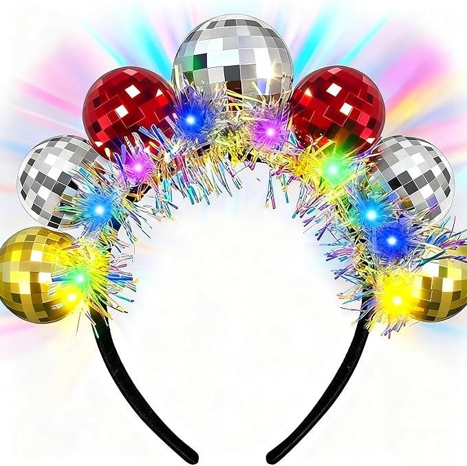 Asikkon New Year Light Up Disco Ball Headband LED Disco Headwear for Women Girl New Year Holiday Parties