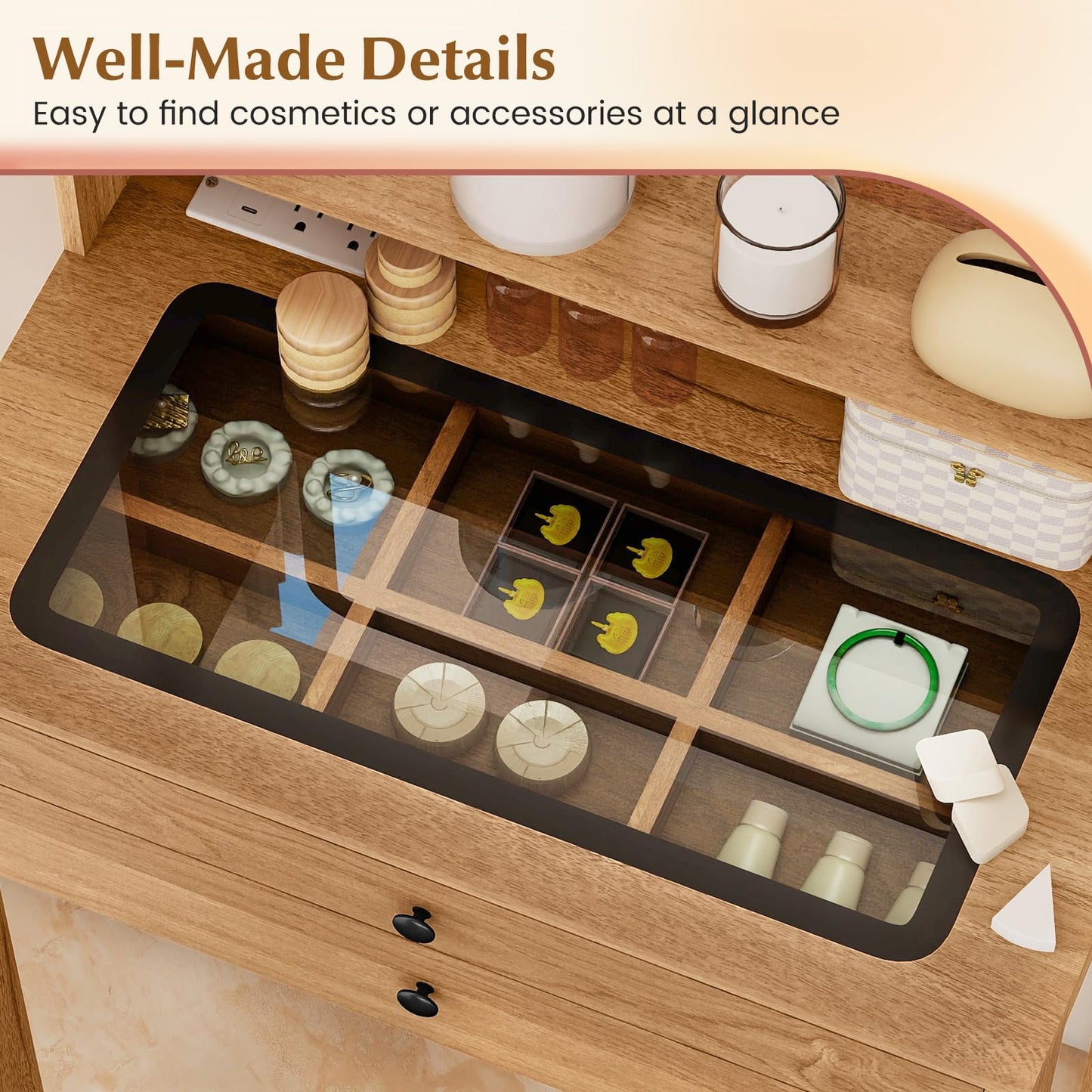 CHARMAID Compact Vanity Desk with Lighted Mirror, Built-in Charging Station, Glass Desktop, 2 Drawers & Padded Stool, Small Makeup Vanity Table for Bedroom, Apartment, Dorm, Rustic Oak