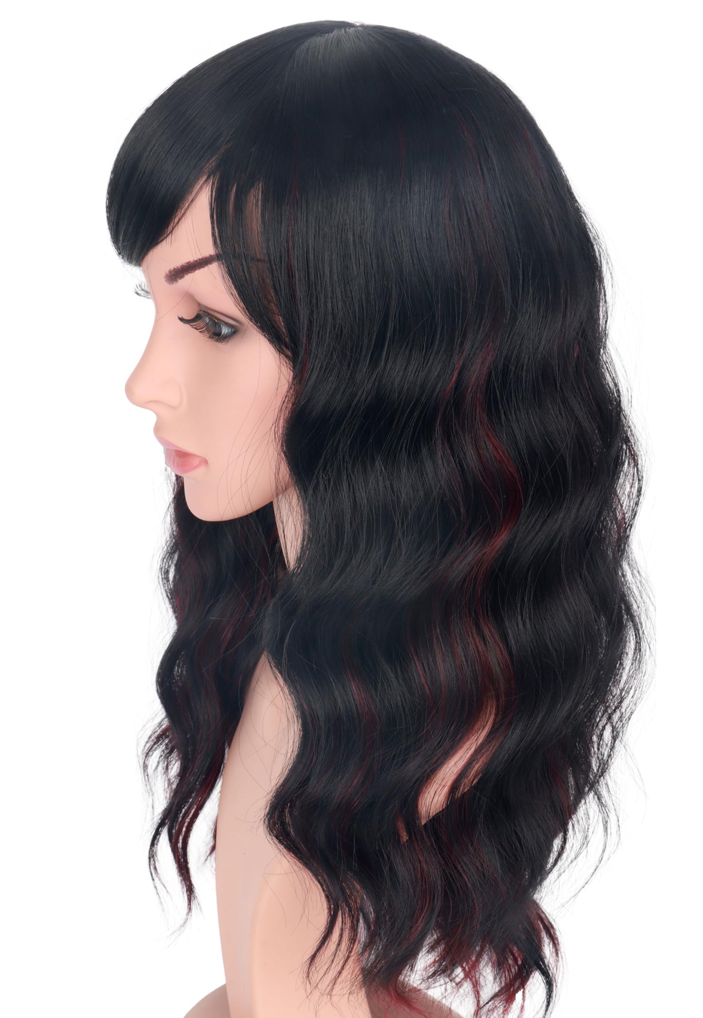 SYMEIW Burdundy-Black Hair Wavy Wigs With Bangs For Women Synthetic Black Hair With Red Undertones Wigs For Daily Use Everyday W