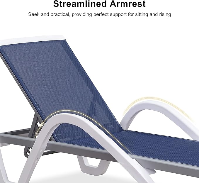 PURPLE LEAF Patio Chaise Lounge Chair Set Outdoor Plastic Textilene Lounger with Side Table 6 Adjustable Positions Sun Bathing Tanning Recliner for Pool Outside Beach in-Pool Lawn Poolside, Navy Blue