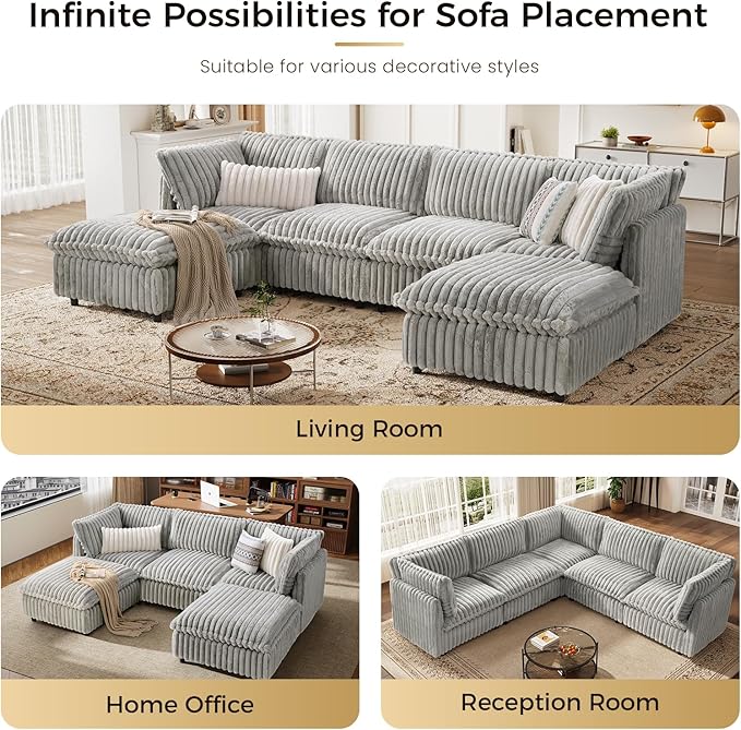 KKL Sectional Modular Couch for Living Room, V Shaped Corduroy Couches with Corner Seat, 5 Seater Oversized Sofa Convertible to Sleeper, Soft Fabric Modern Sofa, Grey