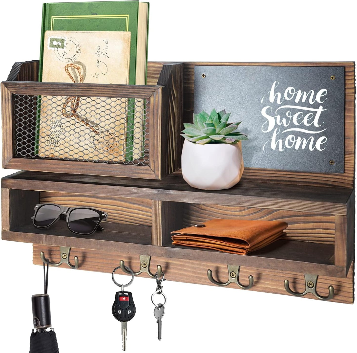 Key Holder for Wall, Mail Organizer Wall Mount with Key Hooks and Wallet Holder, Sunglasses Storage and Dog Leash Hanger, Decorative with 4 Double Hooks and Chalkboard