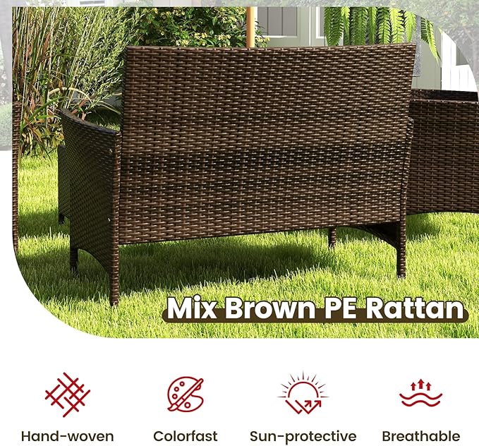 RELAX4LIFE 8-Piece Patio Furniture Set - Rattan Outdoor Conversation Bistro Set w/Cushions, Glass Coffee Table, Wicker Chairs & Loveseat for Garden Backyard Porch, Balcony Furniture Set (2, Red)