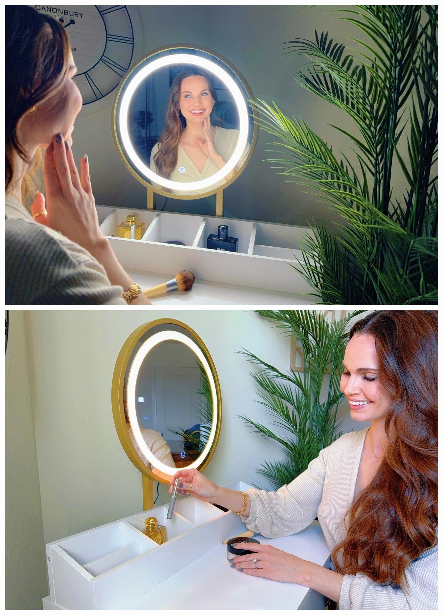 UTEX Makeup Vanity Desk with Mirror and Lights, Makeup Vanity Set with Drawers, Small Dressing Up Table, 3 Lighting Modes Dresser Desk and Cushioned Stool Set for Bedroom White and Gold