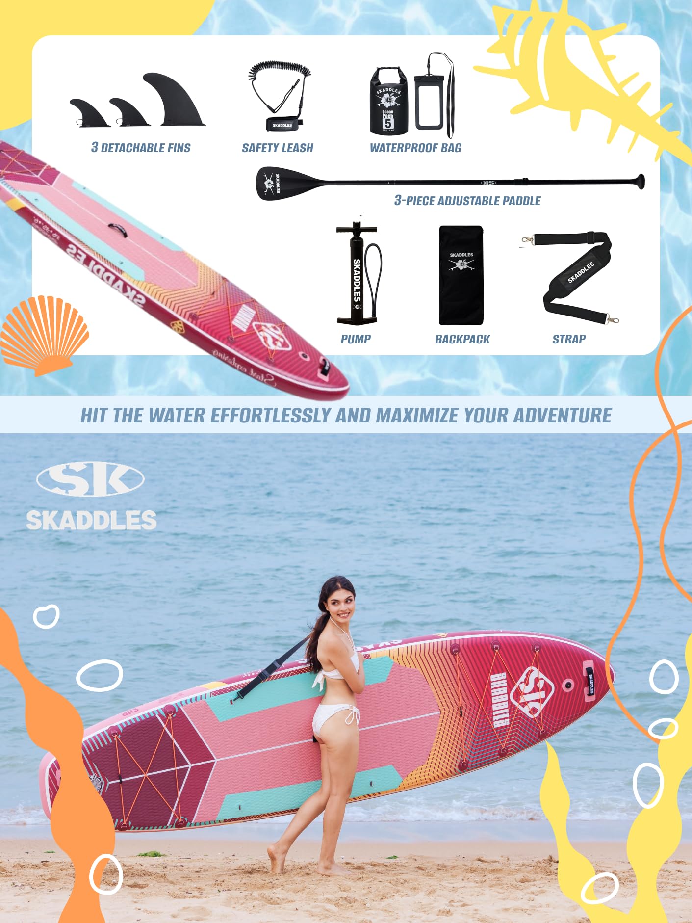 SKADDLES 11’6 × 35" Inflatable SUP–Super Wide, Stable Stand Up Paddle Board for Adults, Youth, Family & Pets, High Weight Capacity, Non-Slip EVA Deck, Premium Accessories (FLASHLINE · Firetail)