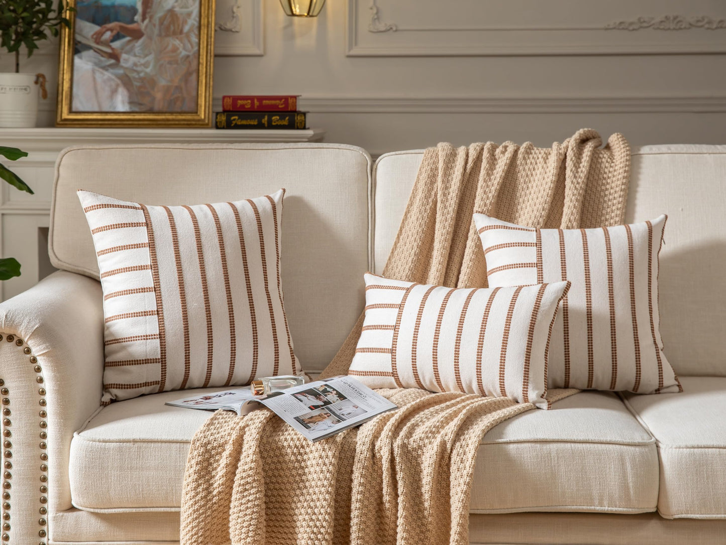 Boho Throw Pillow Covers 18x18 Set of 2 Soft Farmhouse Decorative Couch Pillow Cases Brown Striped Pillow Covers Neutral Cushion Covers for Sofa Bed Living Room Home Decor