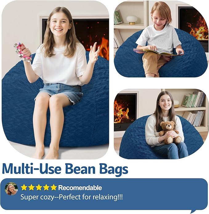 2FT Bean Bag Chair,Giant Bean Bag Chairs for Adults,Big Bean Bags with Memory Foam Filled, Large Beanbag Chairs with Chevron Plush Cover-Blue