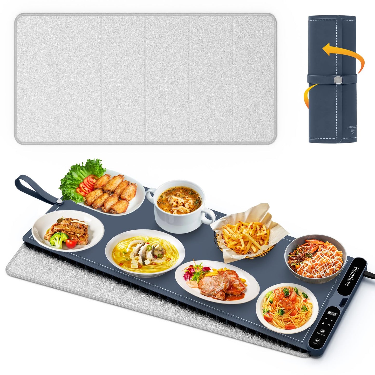 Homelove Warming Mat for Food - Fast Full Surface Electric Warming Tray with 7 Temp-Settings & 8H Timer, Portable Roll Up Food Warmer with Heat Insulation Pad for Gatherings Parties Buffet XXL-Navy