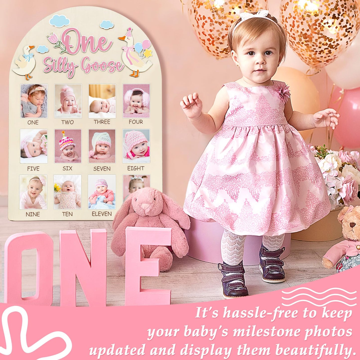 One Silly Goose Photo Board Goose Themed Birthday Party Wooden Board Decorations 12 Monthly Milestone Picture Frame One Year Old Wood Sign 1st Birthday Photo Banner for Baby Girls Keepsake Gift Supply