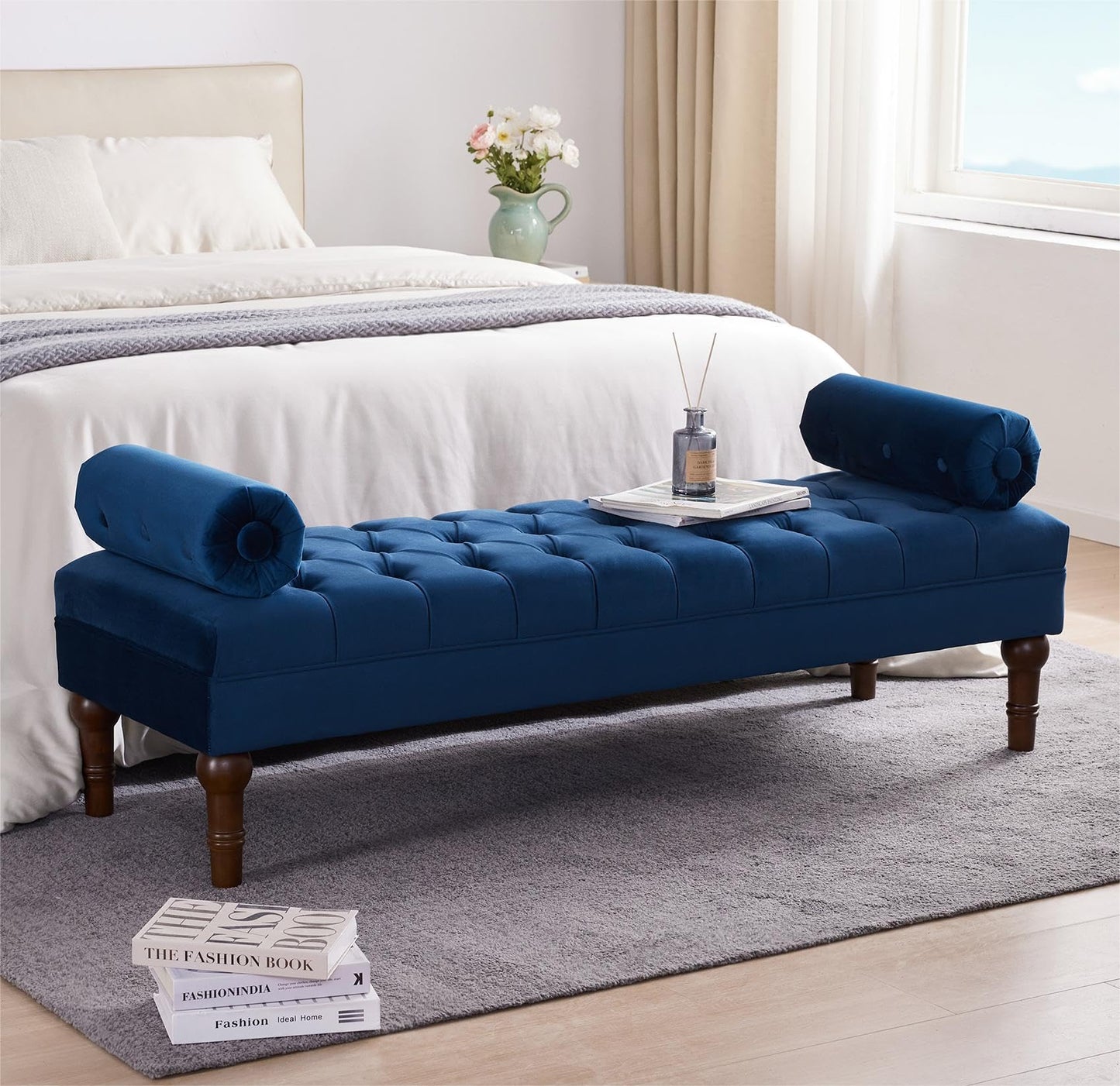 HUIMO 60.2" Velvet Bedroom Bench, Modern End of Bed Bench with Button-Tufted, Upholstered Large Ottoman Bench Seat, Entryway Benches for Living Room, Window, Closet (Blue)