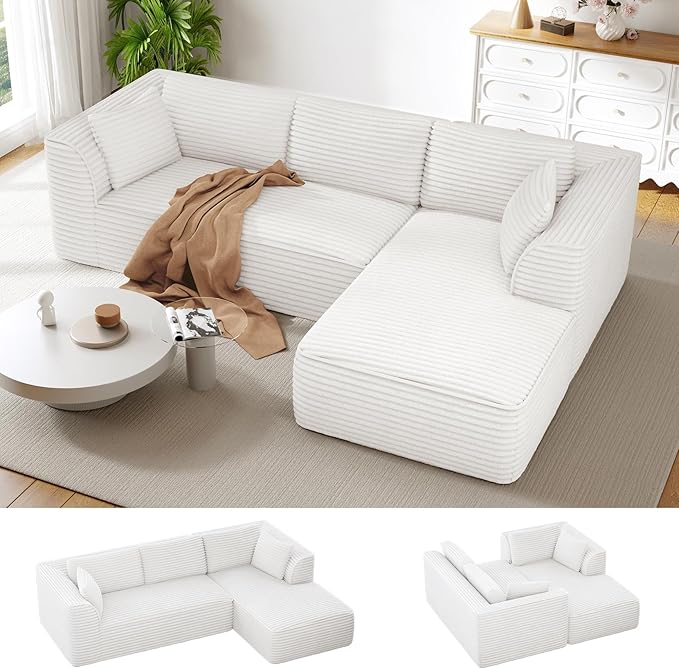 Vesgantti 106" Modular Sectional Sofa with Chaise, Deep Seat Comfy Cloud Couch Corduroy L Shaped Sofa Sectional Couches for Living Room Bedroom, No Assembly Required (Beige, Right-Facing Chaise)