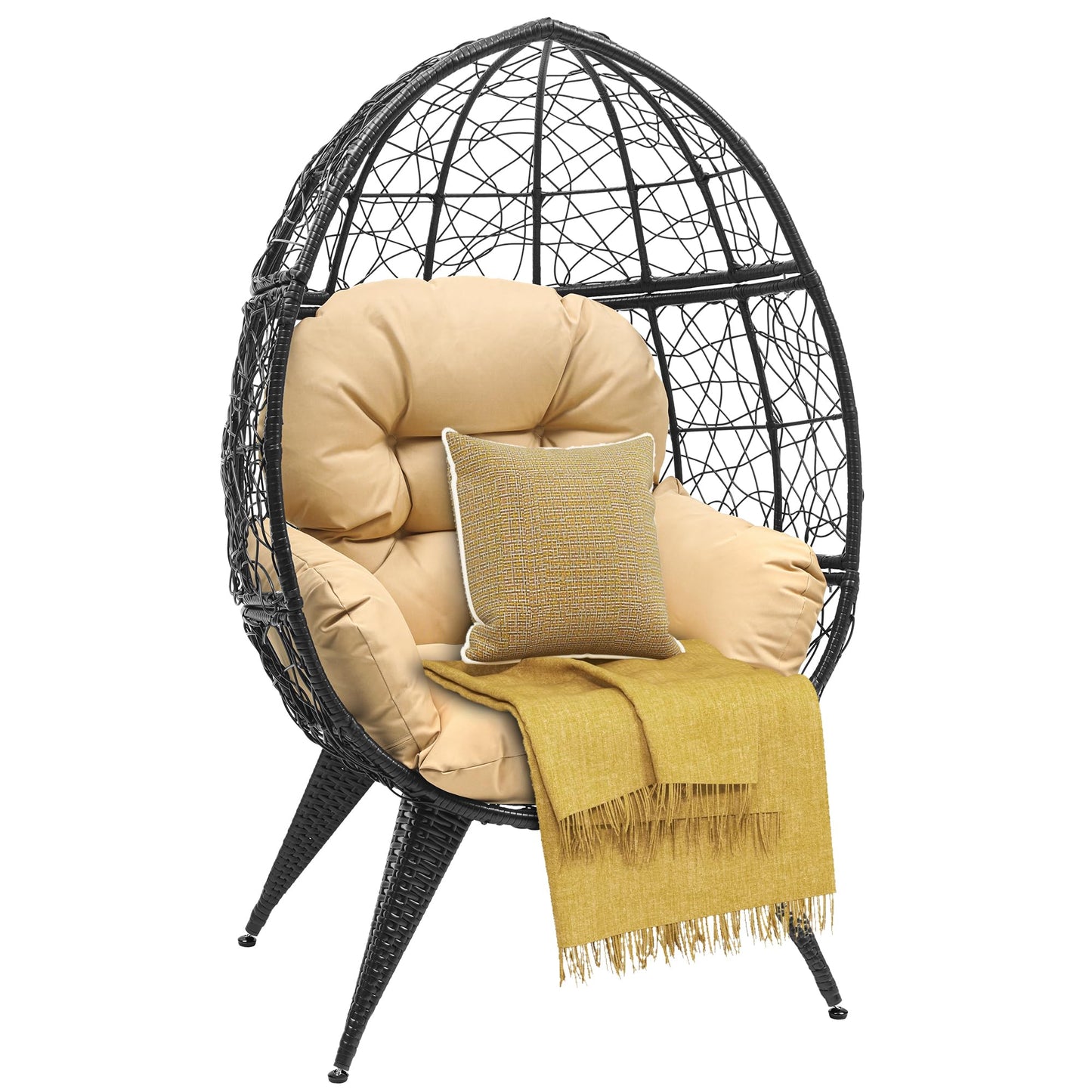 DWVO Egg Chair Patio Rattan Chair with Stand Anti-Slip All-Weather Poratble Adjustable Chair Feet Wicker Egg Lounger Chair for Indoor Outdoor 330LBS (Beige)
