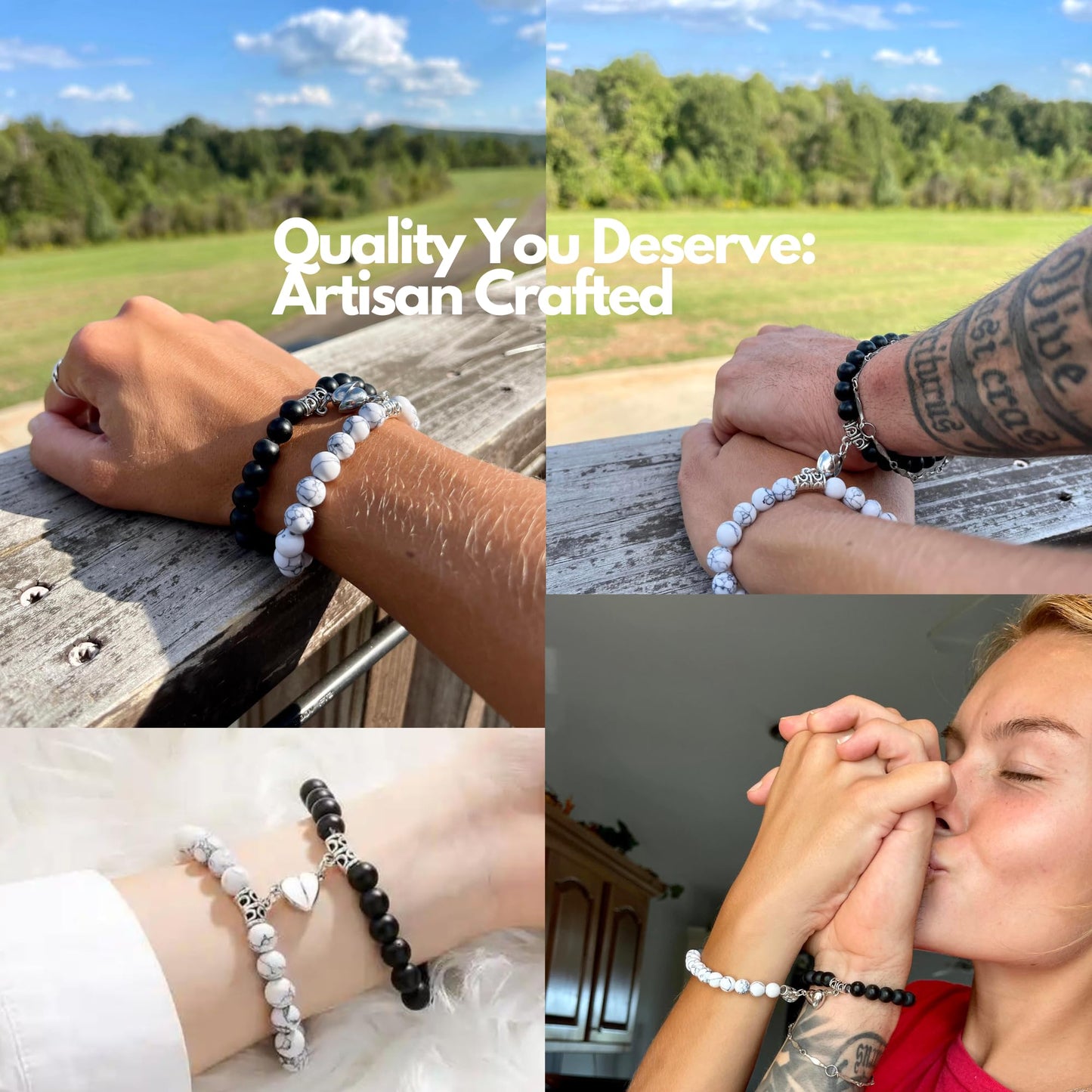 Jexiva Set Of 2 Matching Couple Bracelets Magnetic Heart - Stone Beads, Stretch, Unisex Anniversary, Express Love, Valentine, Long Distance, Christmas Gift (Black+Howlite, Without Giftbox)