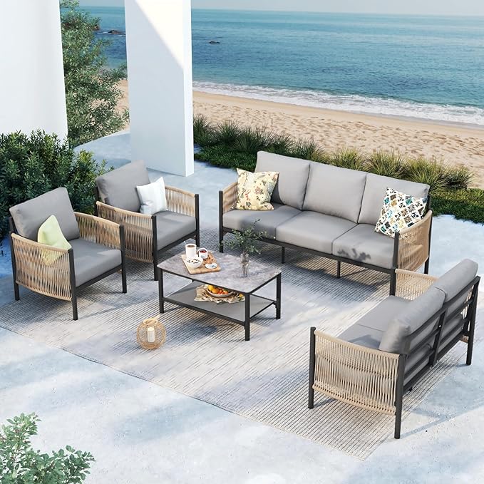 Aluminum Outdoor Patio Furniture Set with Dual-Layer Coffee Table, 5 Piece Modern Patio Conversation Sets with PE Rope, Outdoor Sectional Sofa with Thick Cushions for Balcony, Deck, Gray