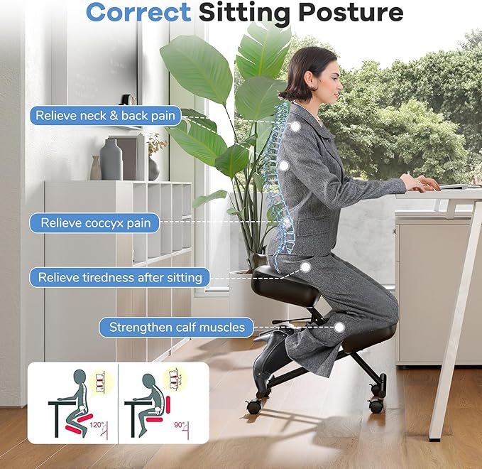 Goplus Kneeling Chair, Upholstered Mobile Desk Chair w/Adjustable Height, Thickened Sponge Cushion, 4 Lockable Universal Wheels, Office Home Padded Stool with Angled Seat, Black (1)