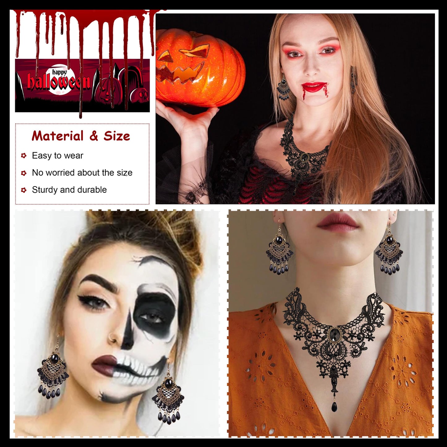Halloween Black Choker Earrings Bracelet Set Witch Costume Women Gothic Accessories Vintage Goth Jewelry Set Black Ring Gloves Vampire Choker Necklace Halloween Costume