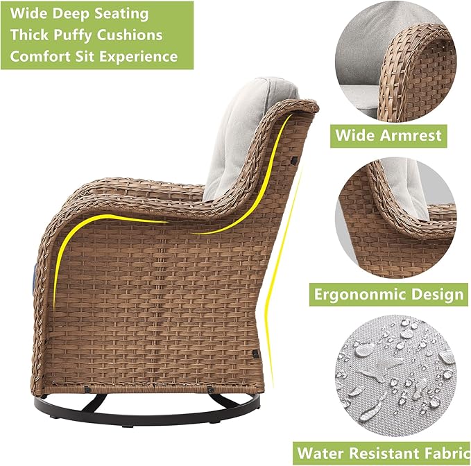 Rilyson Patio Chairs Wicker Outdoor Chair - 6 Piece Rattan Swivel Rocking Chairs Set Patio Glider Rocker Chair with Glass Top Side Table for Porch Deck Garden(Yellow/Beige)