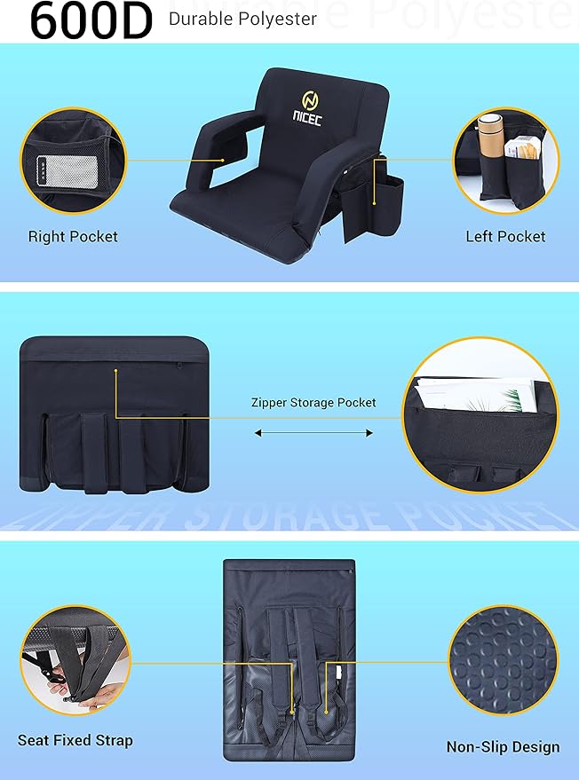 Nice C Stadium Seats, Floor Chair, Bleacher Chairs, 5 Reclining Positions Waterproof Cushion, Ultralight, Foldable, Extra Thick Padding, with Shoulder Straps & Net Pockets, Power Bank Not Included