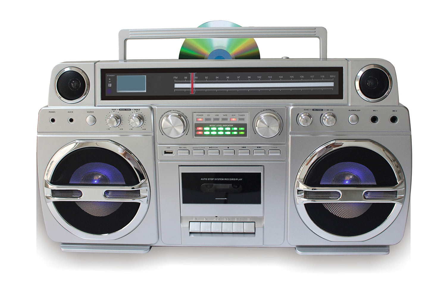 Techplay Monster S 1980S-Style Boom Box Cd Player, Cassette Player/Recorder, Am/Fm, Usb, Bluetooth Speaker With Built-In Recharg