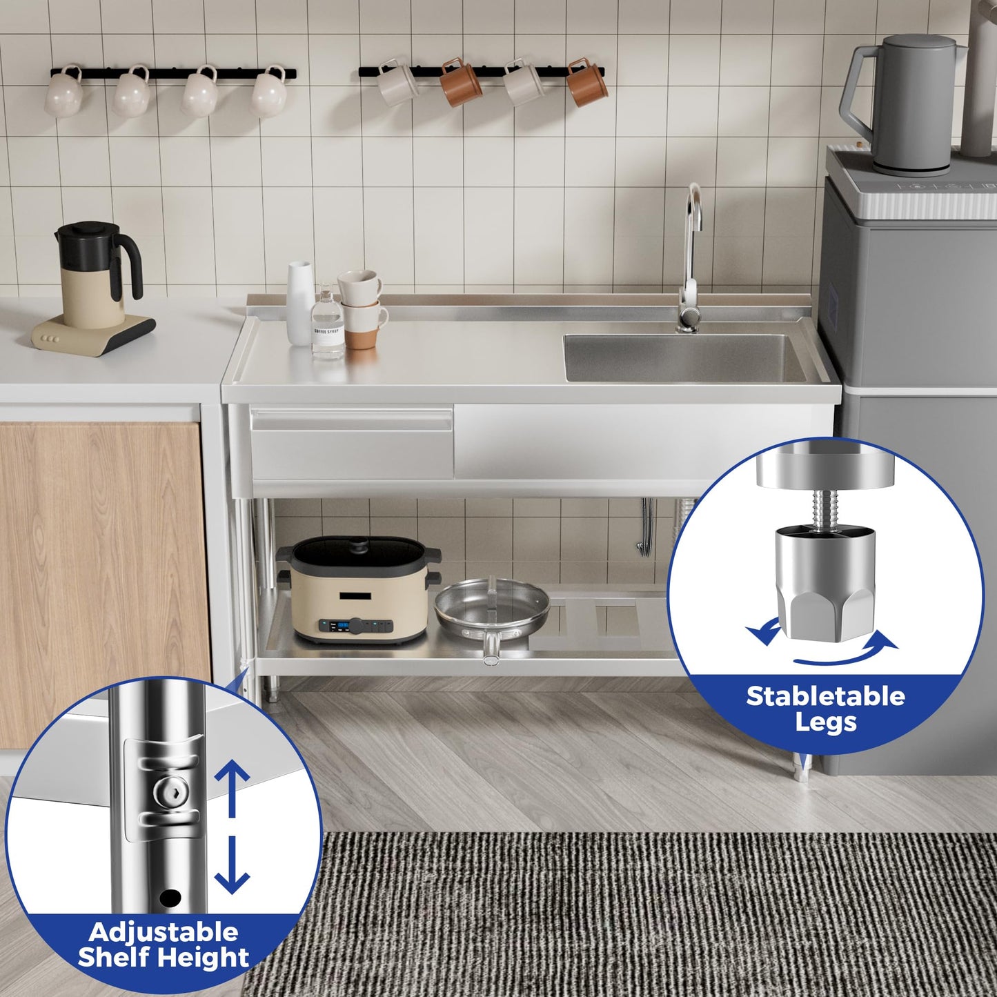 39" 304 Stainless Steel Utility Sink with Faucet – Free Standing Single Bowl Kitchen Sink with Workbench & Drawer Storage, Hot/Cold Water Pipes for Laundry, Farmhouse & Outdoor Use
