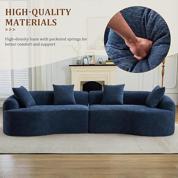 110" Oversized Modern Curved Cloud Sectional Sofa, Luxury Plush Chenille 4-Seater Deep Wide Seat Couch with 4 Pillows, No Assembly Needed Apartment Living Room Furniture, Blue