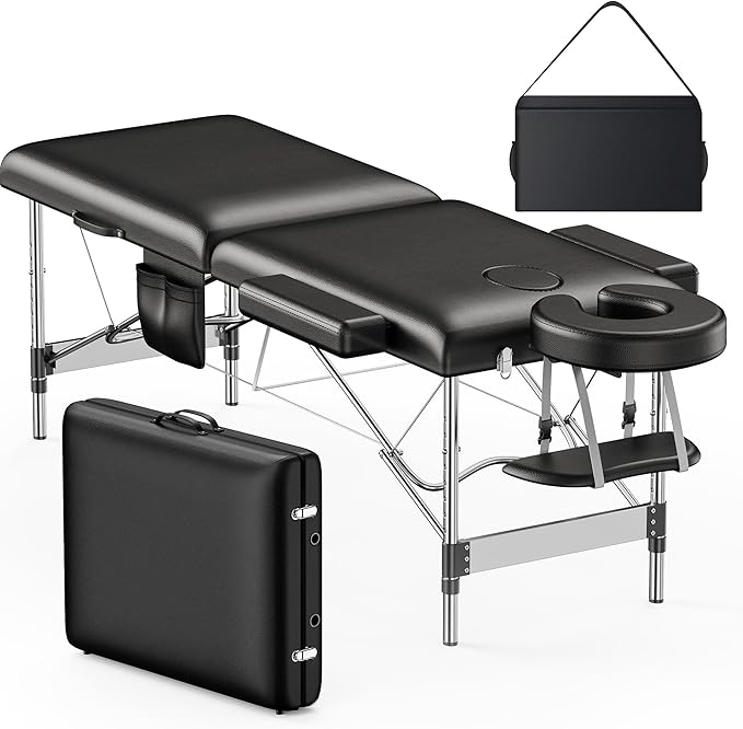 Brelley Massage Table Portable, 2-Fold Lash Bed with Side Pocket, Adjustable Height, Sturdy Aluminum Frame, Esthetician Spa Facial Tattoo Bed with Face Cradle & Carrying Bag, Black
